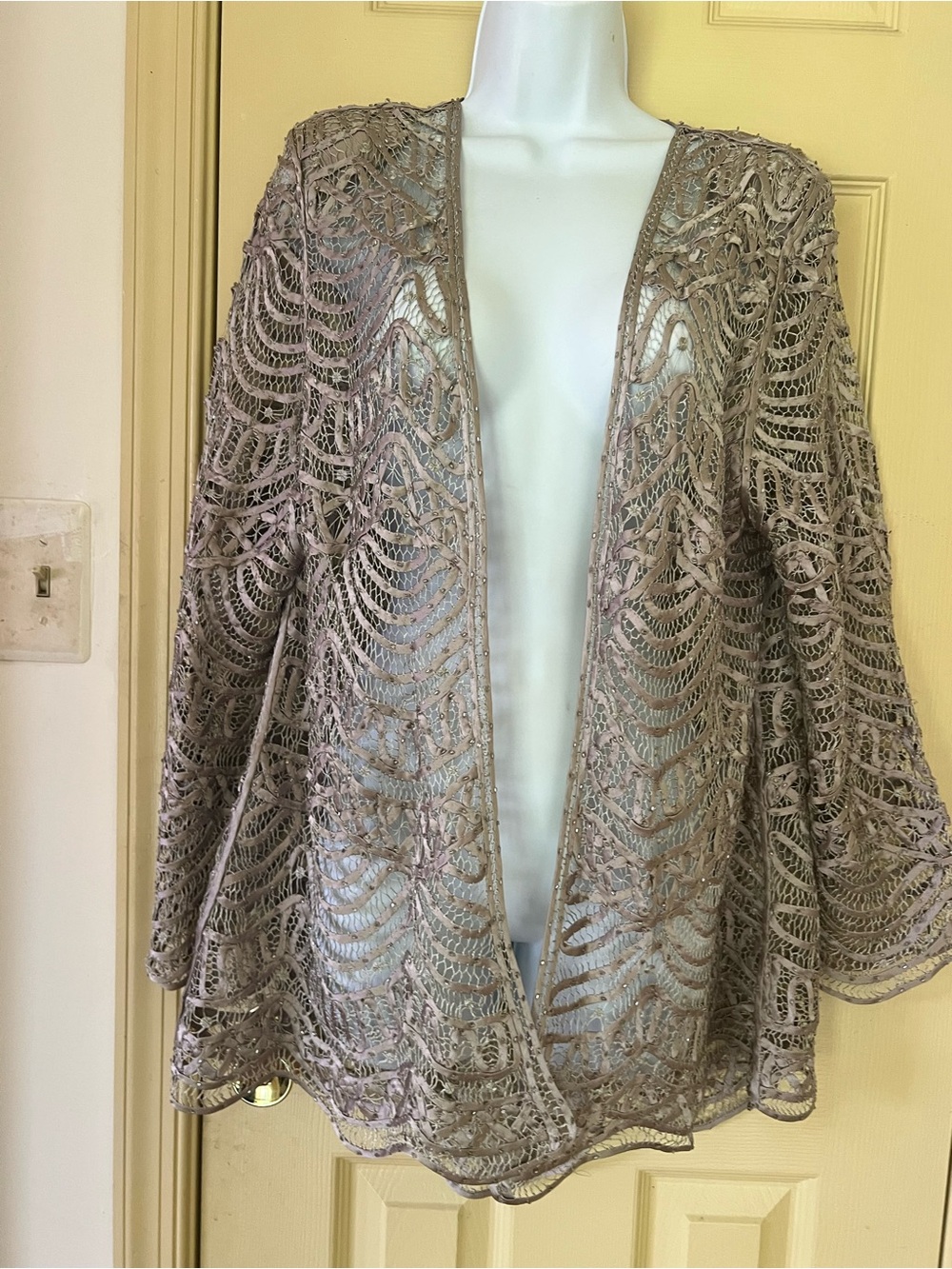 Soulmates Taupe Crochet Lace Open-Front Lace Shrug